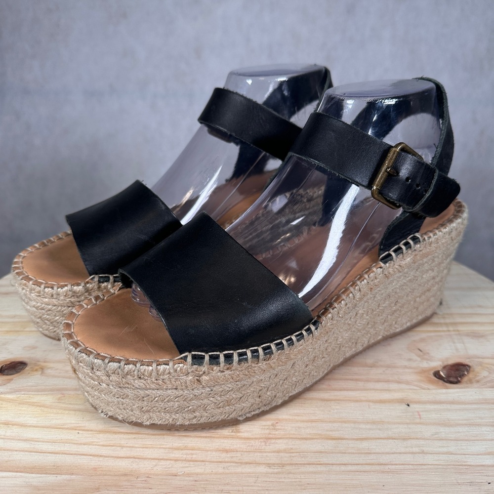 Soludos Platform Espadrille Wedge Sandals Womens 9.5 Black Leather Good Boho